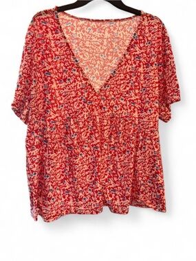 Ellos V-Neck A-Line Tunic in a vibrant red and blue floral print 5xl